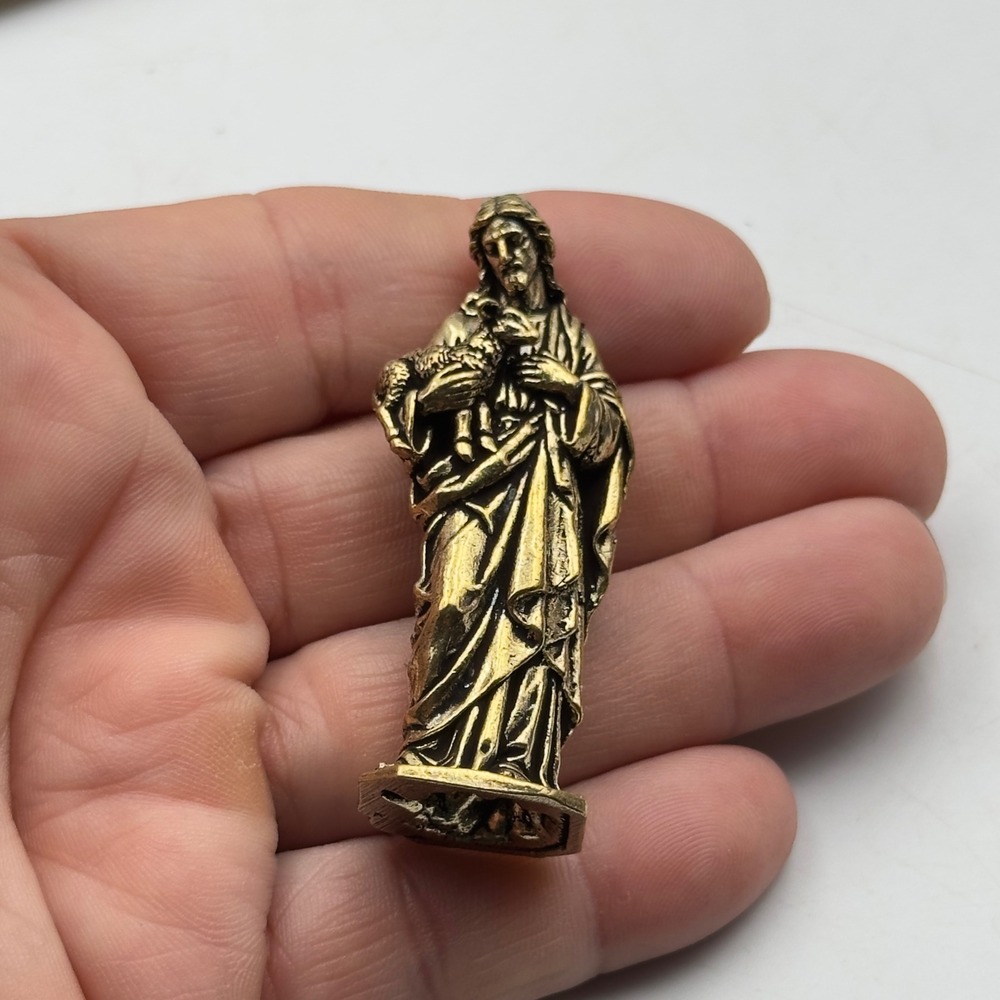 BG2 Good Shepherd Jesus Figurine Gold Metal Pocket Statue Religious Dove Mini